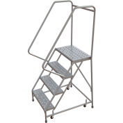 Tri-Arc Rolling Ladder, 4 Step, Aluminum, Perforated, 14" Deep Top Step, With Handrails, 24"W Step