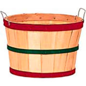 1/2 Bushel Wood Basket with Two Metal Handles, Red/Green/Red Bands 12 Pc - Natural - Pkg Qty 12