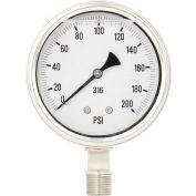 PIC Gauges 4" All Stainless Pressure Gauge, 1/2" NPT, 0/200 PSI, Dry Fillable, LM, 4001-2LG-GF
