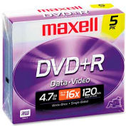 Maxell 639002 DVD+R Discs, 4.7GB, 16x, w/Jewel Cases, Silver, 5/Pack