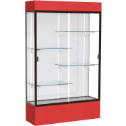 Spirit Lighted Display Case 48"W x 80"H x 16"D White Back Dark Bronze Red Base & Top