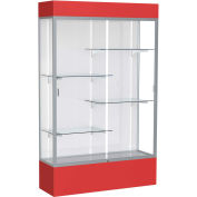 Spirit Lighted Display Case 48"W x 80"H x 16"D White Back Satin Finish Red Base & Top