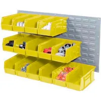  Global Industrial Wall Bin Rack Panel with (32) Yellow Bins,  36x7x19