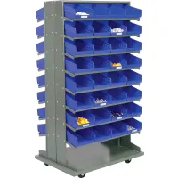 Global Industrial™ Double Sided Mobile Floor Rack w/ 48(G) Blue Bins, 36W  x 25-1/2D x 55H
