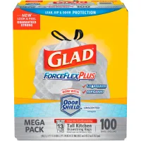 Glad® ForceFlex Tall Kitchen Drawstring Trash Bags - White, 13 Gal, 0.9  Mil, 100/Box - 70427