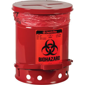 Justrite® Round Biohazard Waste Can Steel 6 Gallon Capacity Red