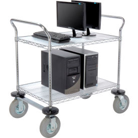 2 Shelf Utility Cart, Chrome, 36"W x 24"D x 44"H, Pneumatic Casters,2 Swivel, 2 Rigid view 2
