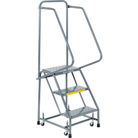 Ballymore Co Inc H318P Perforated 16"W 3 Step Steel Rolling Ladder 10"D Top Step w/ Handrails - H318P image.
