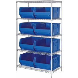 Quantum® 5 Shelf Chrome Bin Shelving 42"W x 24"D x 74"H 8 Hulk Containers Blue