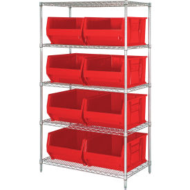 Quantum® 5 Shelf Chrome Bin Shelving 42"W x 24"D x 74"H 8 Hulk Containers Red