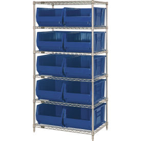 Quantum® 6 Shelf Chrome Bin Shelving 36"W x 24"D x 74"H 10 Hulk Containers Blue