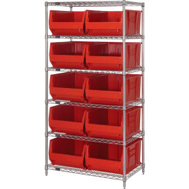 Quantum® 6 Shelf Chrome Bin Shelving 36"W x 24"D x 74"H 10 Hulk Containers Red