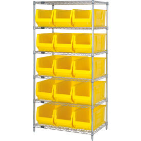 Quantum® 6 Shelf Chrome Bin Shelving 36"W x 24"D x 74"H 15 Hulk Containers Yellow
