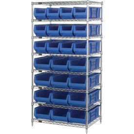 Quantum® 8 Shelf Chrome Bin Shelving 36"W x 24"D x 74"H 24 Hulk Containers Blue
