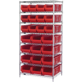 Quantum® 8 Shelf Chrome Bin Shelving 36"W x 24"D x 74"H 24 Hulk Containers Red