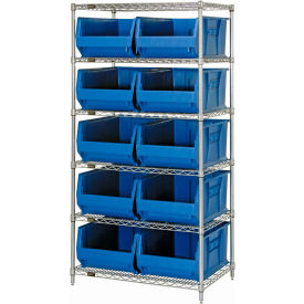 Quantum® 6 Shelf Chrome Bin Shelving 36"W x 30"D x 74"H 10 Hulk Containers Blue