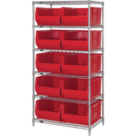 Quantum® 6 Shelf Chrome Bin Shelving 36"W x 30"D x 74"H 10 Hulk Containers Red