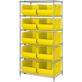 Quantum® 6 Shelf Chrome Bin Shelving 36"W x 30"D x 74"H 10 Hulk Containers Yellow
