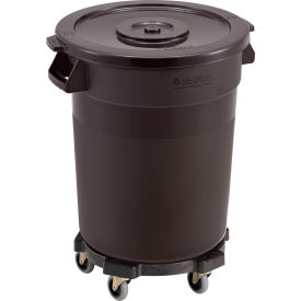 Global Industrial 240458BNB Global Industrial™ Plastic Trash Can with Lid & Dolly, 20 Gallon, Brown image.