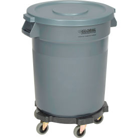 Global Industrial 240458GYB Global Industrial™ Plastic Trash Can with Lid & Dolly - 20 Gallon Gray image.