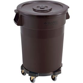 Global Industrial 240460BNB Global Industrial™ Plastic Trash Can with Lid & Dolly - 32 Gallon Brown image.