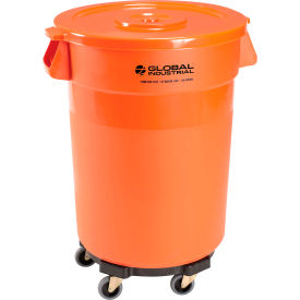 Global Industrial 240460BORB Global Industrial™ Plastic Trash Can with Lid & Dolly - 32 Gallon Bright Orange image.