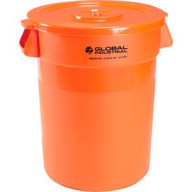 Global Industrial 240460BORCL Global Industrial™ Plastic Trash Can with Lid - 32 Gallon Bright Orange image.