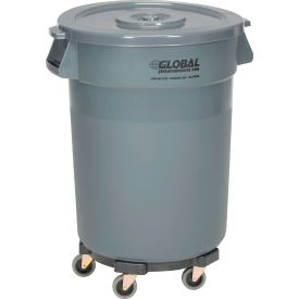 Global Industrial 240460GYB Global Industrial™ Plastic Trash Can with Lid & Dolly - 32 Gallon Gray image.