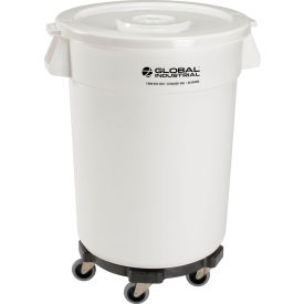 Global Industrial 240460WHB Global Industrial™ Plastic Trash Can with Lid & Dolly - 32 Gallon White image.