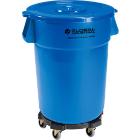 Global Industrial 240462BLB Global Industrial™ Plastic Trash Can with Lid & Dolly - 44 Gallon Blue image.