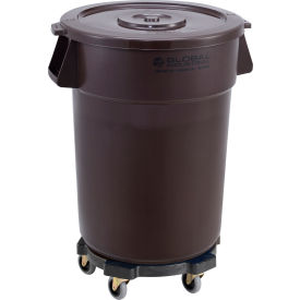 Global Industrial 240462BNB Global Industrial™ Plastic Trash Can with Lid & Dolly - 44 Gallon Brown image.