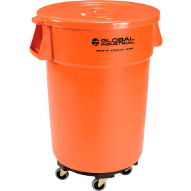 Global Industrial 240462BORB Global Industrial™ Plastic Trash Can with Lid & Dolly - 44 Gallon Bright Orange image.