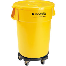 Global Industrial 240462YLB Global Industrial™ Plastic Trash Can with Lid & Dolly - 44 Gallon Yellow image.