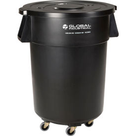 Global Industrial 240464BKB Global Industrial™ Plastic Trash Can with Lid & Dolly - 55 Gallon Black image.