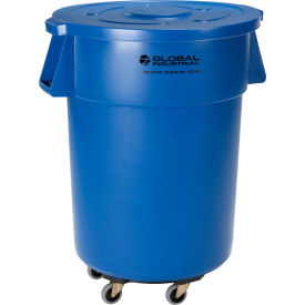 Global Industrial 240464BLB Global Industrial™ Plastic Trash Can with Lid & Dolly - 55 Gallon Blue image.