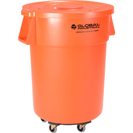 Global Industrial 240464BORB Global Industrial™ Plastic Trash Can with Lid & Dolly - 55 Gallon Bright Orange image.
