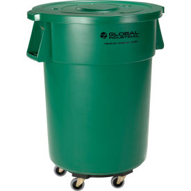Global Industrial 240464GNB Global Industrial™ Plastic Trash Can with Lid & Dolly - 55 Gallon Green image.