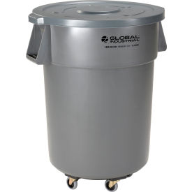Global Industrial 240464GYB Global Industrial™ Plastic Trash Can with Lid & Dolly - 55 Gallon Gray image.