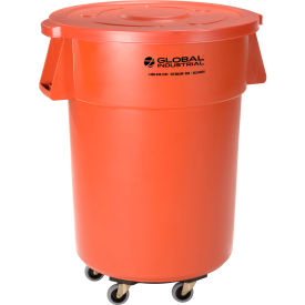 Global Industrial 240464ORB Global Industrial™ Plastic Trash Can with Lid & Dolly - 55 Gallon Orange image.