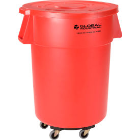 Global Industrial 240464RDB Global Industrial™ Plastic Trash Can with Lid & Dolly - 55 Gallon Red image.