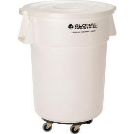 Global Industrial 240464WHB Global Industrial™ Plastic Trash Can with Lid & Dolly - 55 Gallon White image.