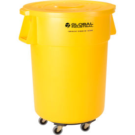 Global Industrial 240464YLB Global Industrial™ Plastic Trash Can with Lid & Dolly - 55 Gallon Yellow image.