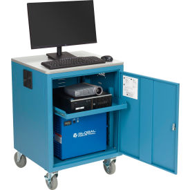 Global Industrial 241659PBL Global Industrial™ Mobile Powered Audio Visual Cart w/ Lockable Cabinet, 100AH Battery, Blue image.