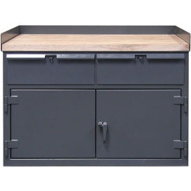 Strong Hold Products 5.22.10-WB-300-2DB-MT StrongHold Cabinet Workbench, Butcher Block Square Edge, Drawers, 62"W x 30"D, Gray image.