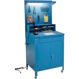 Global Industrial 249509CBL Global Industrial™ Mobile Cabinet Shop Desk w/ Pegboard & Top Shelf, 34-1/2"W x 30"D, Blue image.