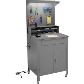 Global Industrial 249509CGY Global Industrial™ Mobile Cabinet Shop Desk w/ Pegboard & Top Shelf, 34-1/2"W x 30"D, Gray image.