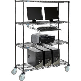 Nexel™ 4-Shelf Mobile Wire Computer LAN Workstation w/ Keyboard Tray 48""W x 18""D x 69""H Black