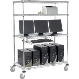 Global Industrial 250116 Nexel™ 4-Shelf Mobile Wire Computer LAN Workstation w/Keyboard Tray, 48"W x 24"D x 69"H, Chrome image.