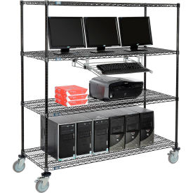 Nexel™ 4-Shelf Mobile Wire Computer LAN Workstation w/ Keyboard Tray 60""W x 24""D x 69""H Black