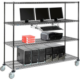 Nexel™ 4-Shelf Mobile Wire Computer LAN Workstation w/ Keyboard Tray 72""W x 24""D x 69""H Black
